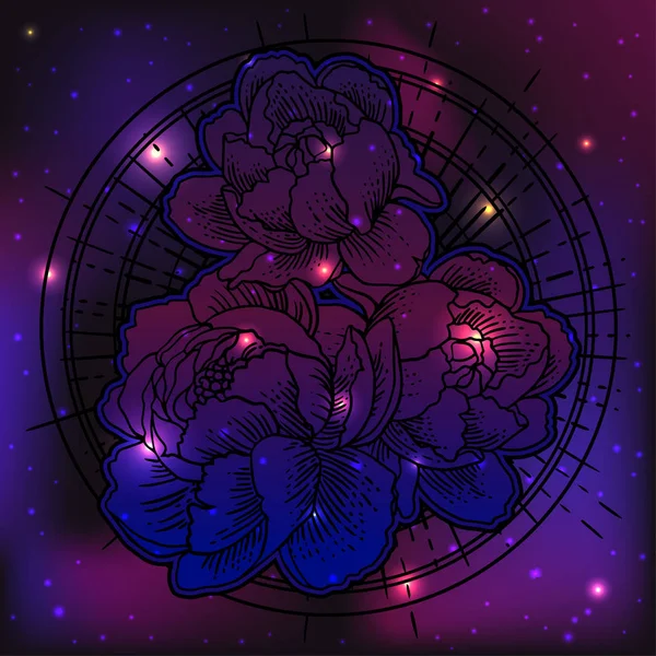 Outline hand drawn flowers on dark cosmic background with colourful lights