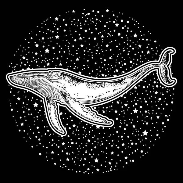 Handgezeichneter Wal Auf Kosmischem Hintergrund Kosmos Universum Okkultismus Sakrales Galaxie — Stockvektor