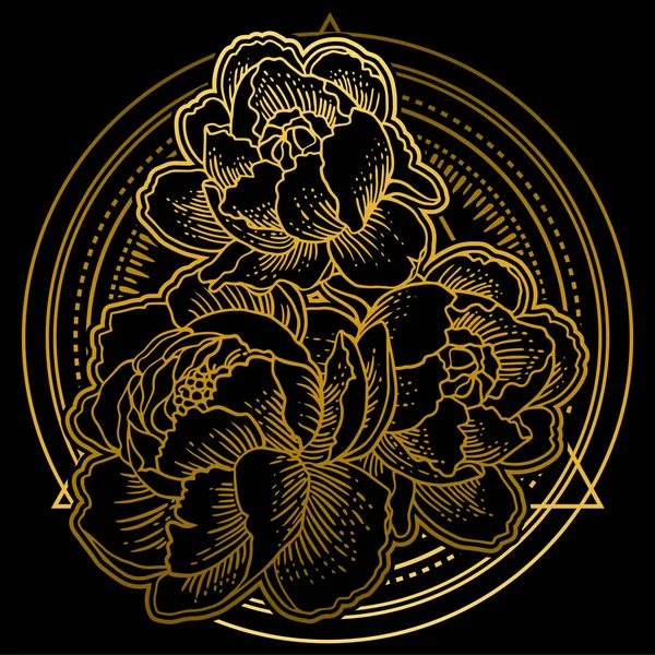 Fleurs Dorées Dessinées Main Sur Fond Noir — Image vectorielle