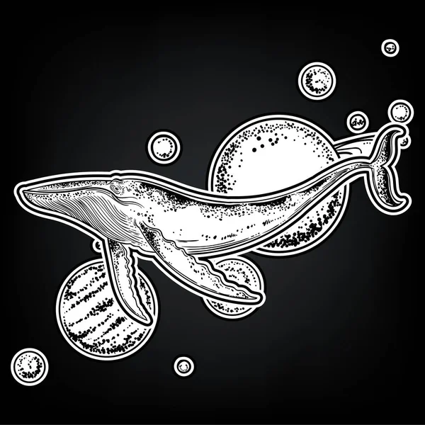 在宇宙背景手绘鲸鱼 神秘主义 鲸鱼的空间剪影 — 图库矢量图片