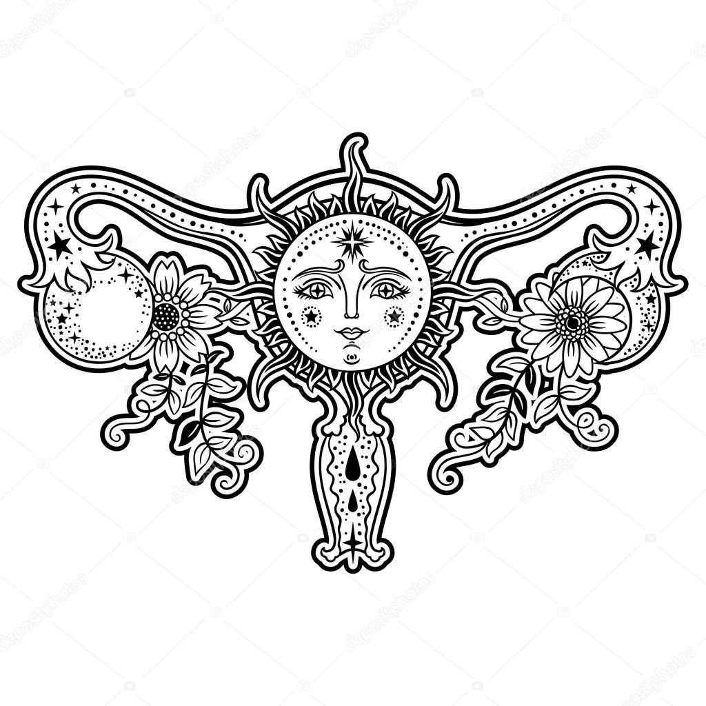 Female reproductive organs with flowers, sun, moon isolated on white background.