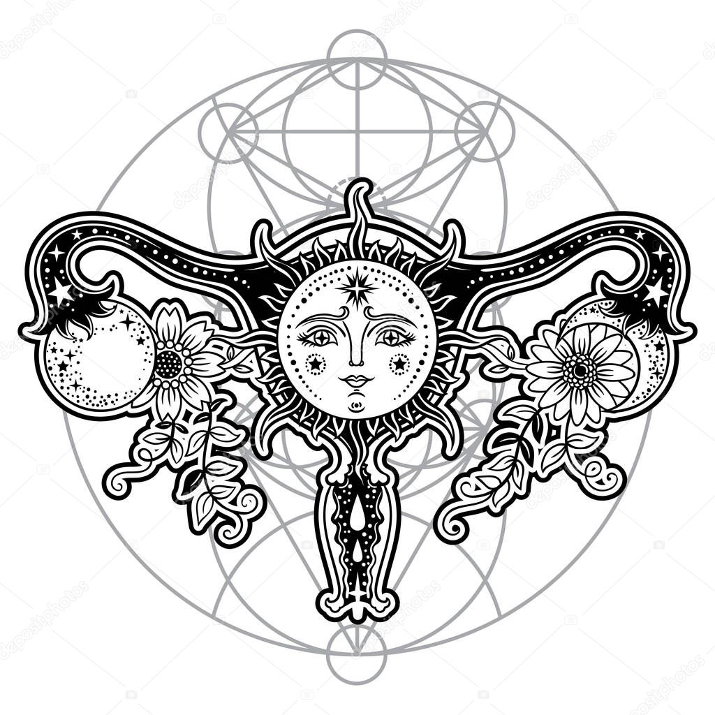Female reproductive organs with flowers, sun, moon isolated on white background.