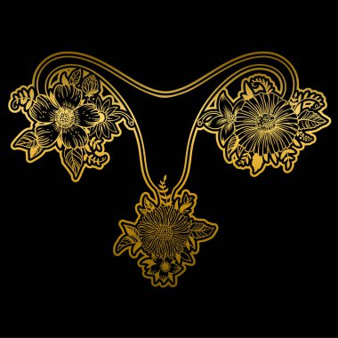 Siyah zemin üzerine altın renkli çiçekli kadın üreme organları.