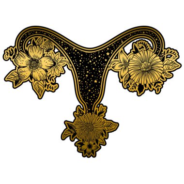 Beyaz arka plan üzerinde izole altın ve siyah renklerde çiçekli kadın üreme organları.