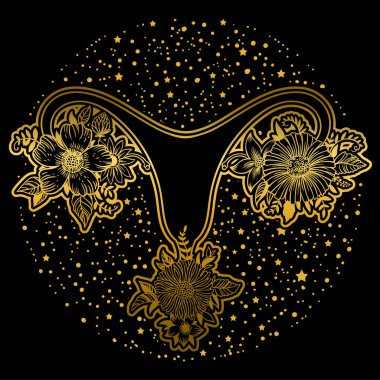 Siyah zemin üzerine altın renkli çiçekli kadın üreme organları.