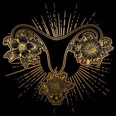 Siyah zemin üzerine altın renkli çiçekli kadın üreme organları.