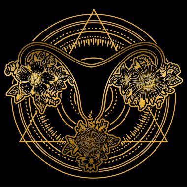 Siyah zemin üzerine altın renkli çiçekli kadın üreme organları.