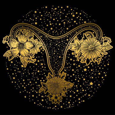 Siyah zemin üzerine altın renkli çiçekli kadın üreme organları.