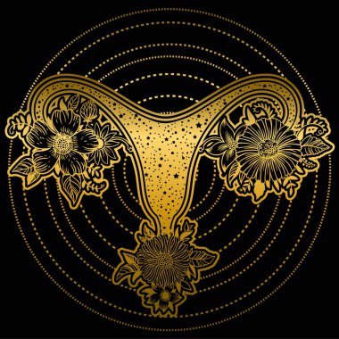 Siyah zemin üzerine altın renkli çiçekli kadın üreme organları.