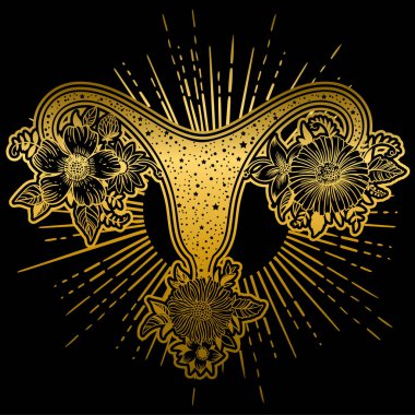 Siyah zemin üzerine altın renkli çiçekli kadın üreme organları.