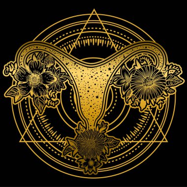 Siyah zemin üzerine altın renkli çiçekli kadın üreme organları.