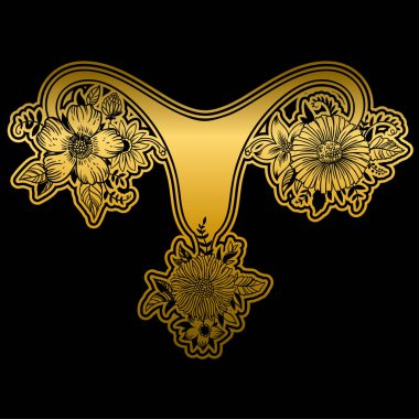 Siyah zemin üzerine altın renkli çiçekli kadın üreme organları.