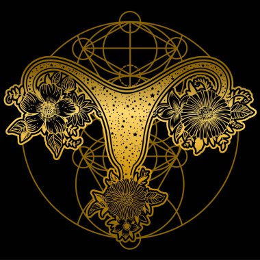 Siyah zemin üzerine altın renkli çiçekli kadın üreme organları.