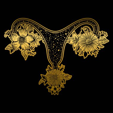 Siyah zemin üzerine altın renkli çiçekli kadın üreme organları.