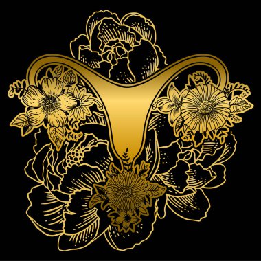 Siyah zemin üzerine altın renkli çiçekli kadın üreme organları.