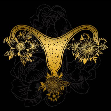 Siyah zemin üzerine altın renkli çiçekli kadın üreme organları.