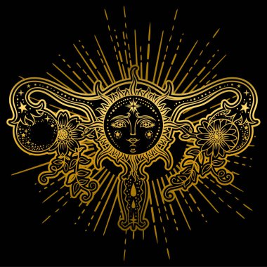 Kadın üreme organları çiçeklerle, Güneş, ay altın renkli siyah arka plan üzerine.