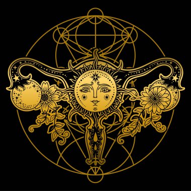 Kadın üreme organları çiçeklerle, Güneş, ay altın renkli siyah arka plan üzerine.