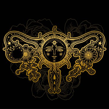 Kadın üreme organları çiçeklerle, Güneş, ay altın renkli siyah arka plan üzerine.