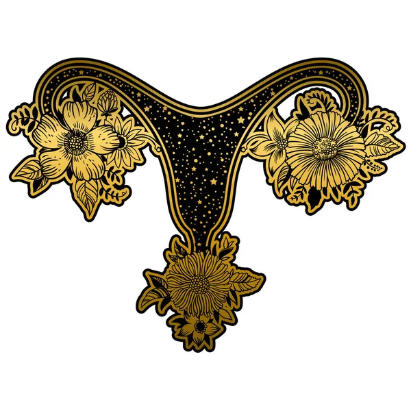 Organes Reproducteurs Femelles Avec Des Fleurs Aux Couleurs Dorées Noires — Image vectorielle