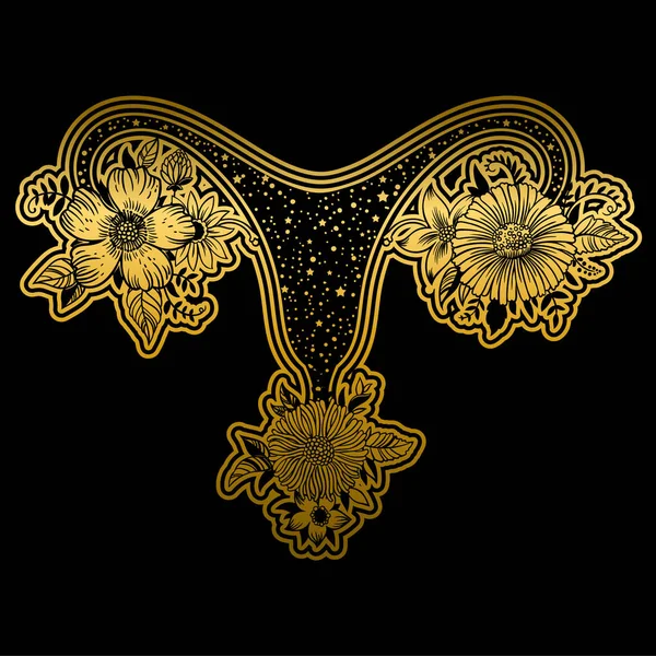 Organes Reproducteurs Femelles Avec Des Fleurs Couleur Dorée Sur Fond — Image vectorielle