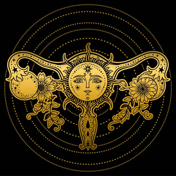 黒い背景に黄金色の月と女性の生殖器官 — ストックベクタ