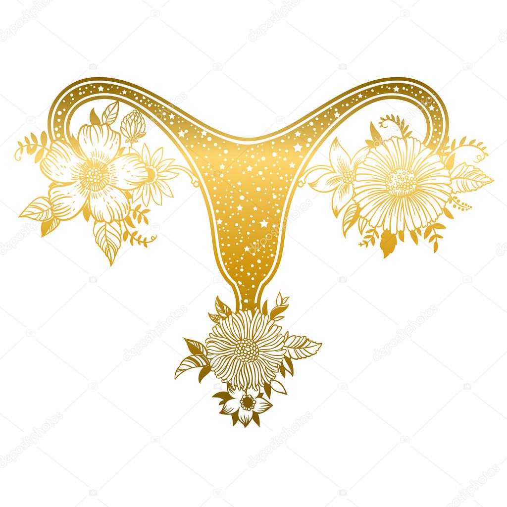 Female reproductive organs with flowers in golden color isolated on white background.