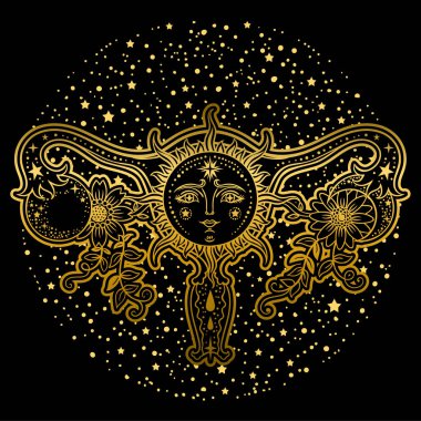 Kadın üreme organları çiçeklerle, Güneş, ay altın renkli siyah arka plan üzerine.