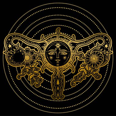 Kadın üreme organları çiçeklerle, Güneş, ay altın renkli siyah arka plan üzerine.