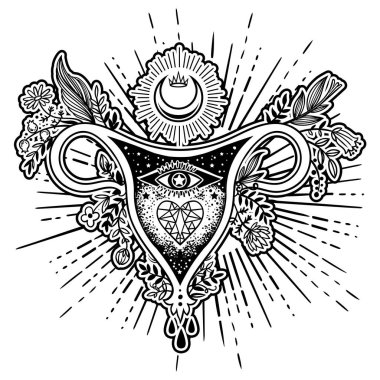 Çiçek, kalp, göz, ay ve taç beyaz arka plan üzerinde izole kadın üreme organları.