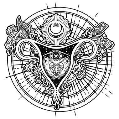 Çiçek, kalp, göz, ay ve taç beyaz arka plan üzerinde izole kadın üreme organları.