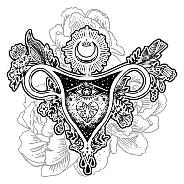 Çiçek, kalp, göz, ay ve taç beyaz arka plan üzerinde izole kadın üreme organları.