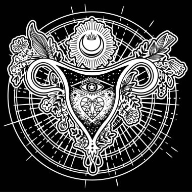 Çiçek, kalp, göz, ay ve siyah arka plan üzerine taç ile kadın üreme organları.