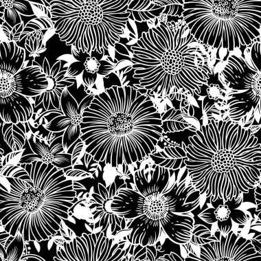 Tebrik kartları, ambalaj kağıdı, davetler için siyah arka plan üzerine beyaz çiçekler.