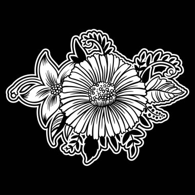 Tebrik kartları, ambalaj kağıdı, davetler için siyah arka plan üzerine beyaz çiçekler.