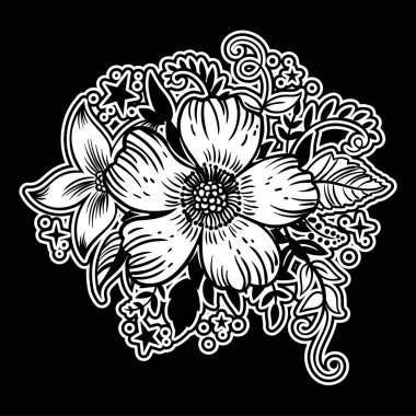 Tebrik kartları, ambalaj kağıdı, davetler için siyah arka plan üzerine beyaz çiçekler.