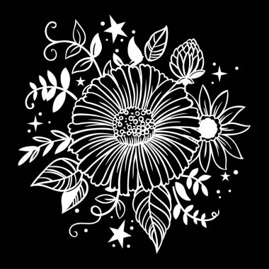 Tebrik kartları, ambalaj kağıdı, davetler için siyah arka plan üzerine beyaz çiçekler.