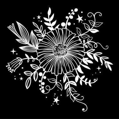 Tebrik kartları, ambalaj kağıdı, davetler için siyah arka plan üzerine beyaz çiçekler.