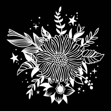 Tebrik kartları, ambalaj kağıdı, davetler için siyah arka plan üzerine beyaz çiçekler.