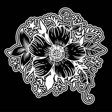 Tebrik kartları, ambalaj kağıdı, davetler için siyah arka plan üzerine beyaz çiçekler.