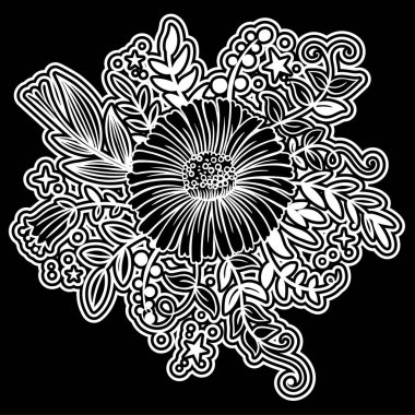 Tebrik kartları, ambalaj kağıdı, davetler için siyah arka plan üzerine beyaz çiçekler.