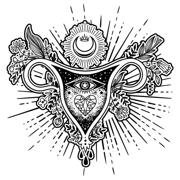 女性生殖器官 月亮和冠被隔绝在白色背景上 — 图库矢量图片