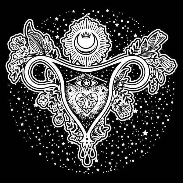 Жіночі Репродуктивні Органи Квітами Серцем Оком Місяцем Короною Чорному Тлі — стоковий вектор