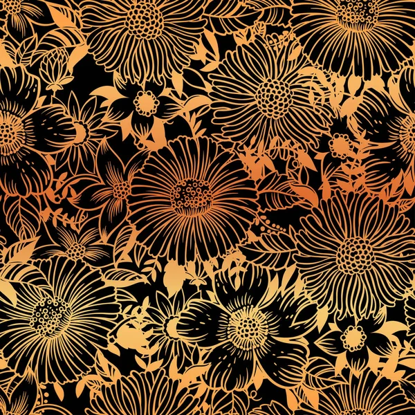 Patrón Vectorial Inconsútil Floral Dorado Sobre Fondo Negro — Archivo Imágenes Vectoriales