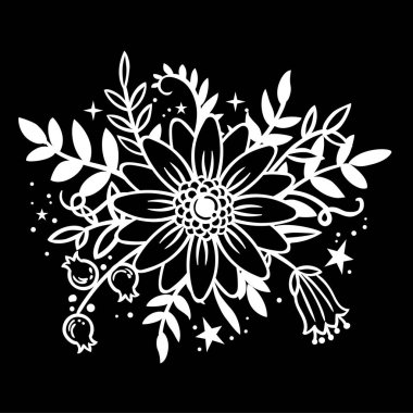 Tebrik kartları, ambalaj kağıdı, davetler için siyah arka plan üzerine beyaz çiçekler.