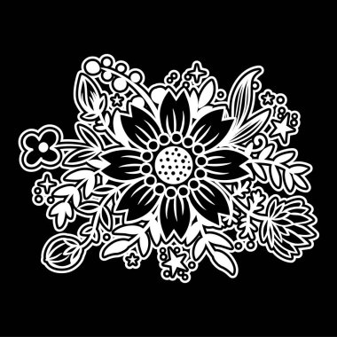 Tebrik kartları, ambalaj kağıdı, davetler için siyah arka plan üzerine beyaz çiçekler.