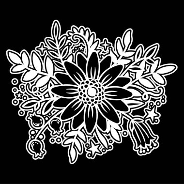 Tebrik kartları, ambalaj kağıdı, davetler için siyah arka plan üzerine beyaz çiçekler.