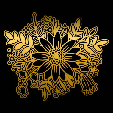 Tebrik kartları, ambalaj kağıdı, davetler için siyah arka plan üzerine altın çiçek.