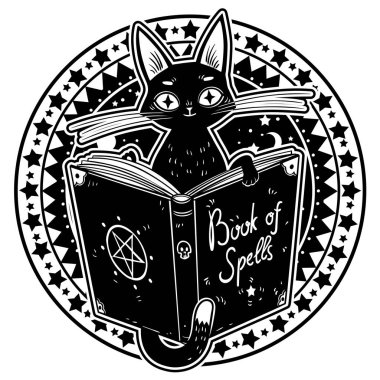 Black Witches Cat reading Book of Dark Magic. Hammer of the witches. Malleus Maleficarum. Book of spells.  clipart