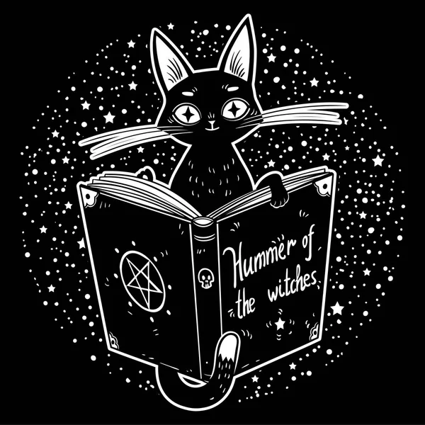 Černá Kočka Čarodějnice Čtení Knihy Temné Magie Kladivo Čarodějnice Malleus — Stockový vektor